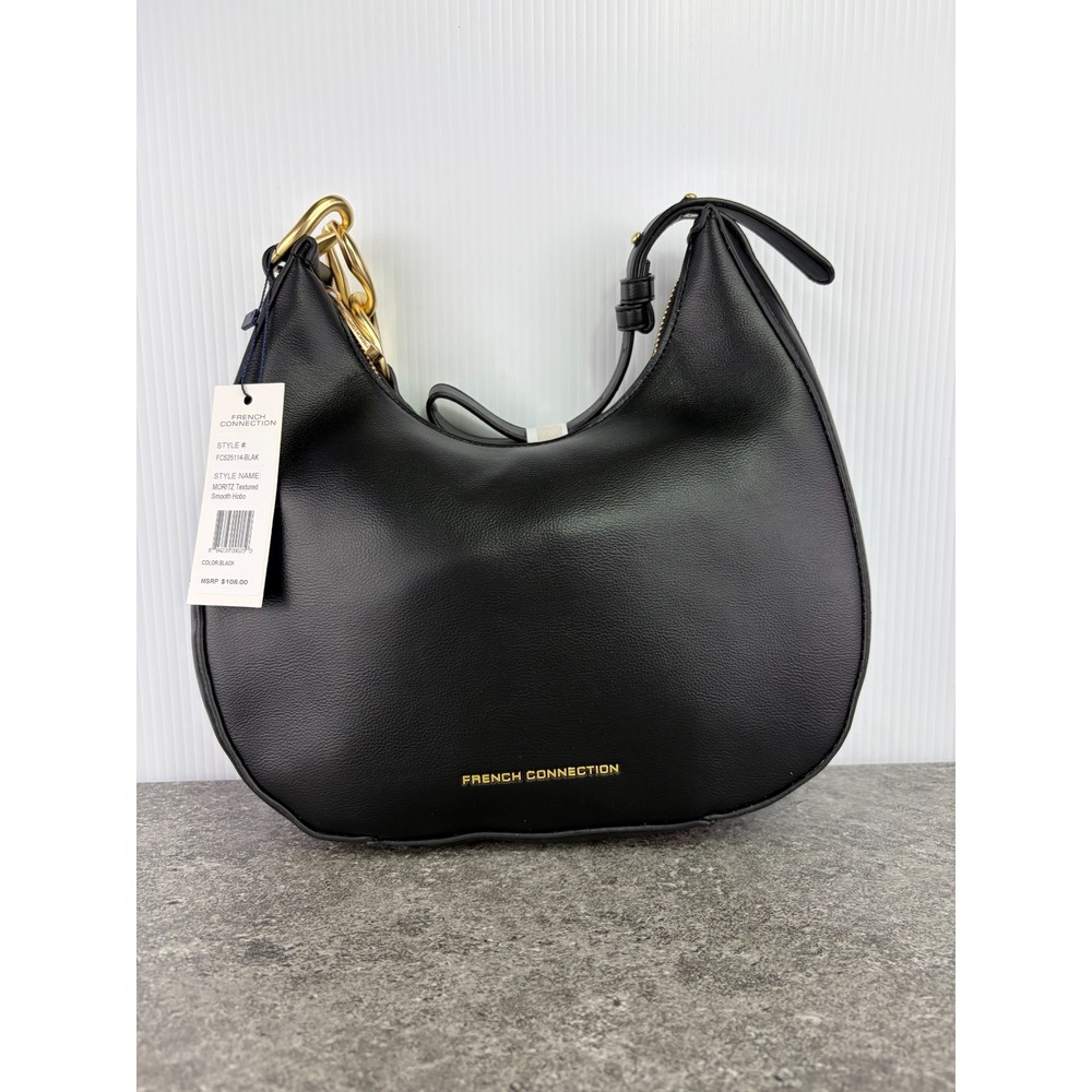 French Connection Moritz Hobo Bag Black Faux Leather Gold Hardware Shoulder Chic